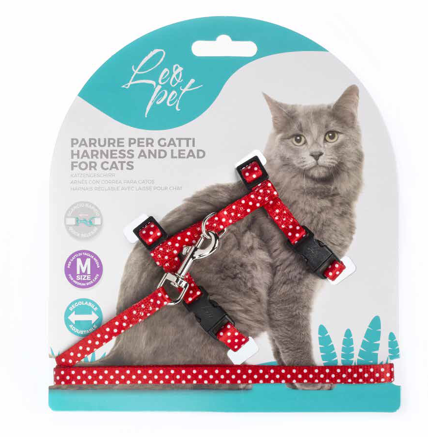 LEO PET ARNÉS MEDIANO PARA GATO ESTAMPADO DE LUNARES COLOR ROJO