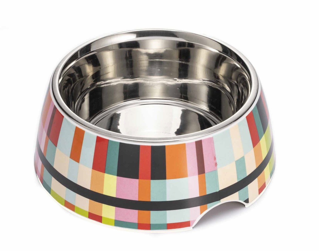 LEO PET BOL INOX, EXTERIOR MELAMINA AJEDREZ - ANTIDESLIZANTE 400 ML Ø11,5CM