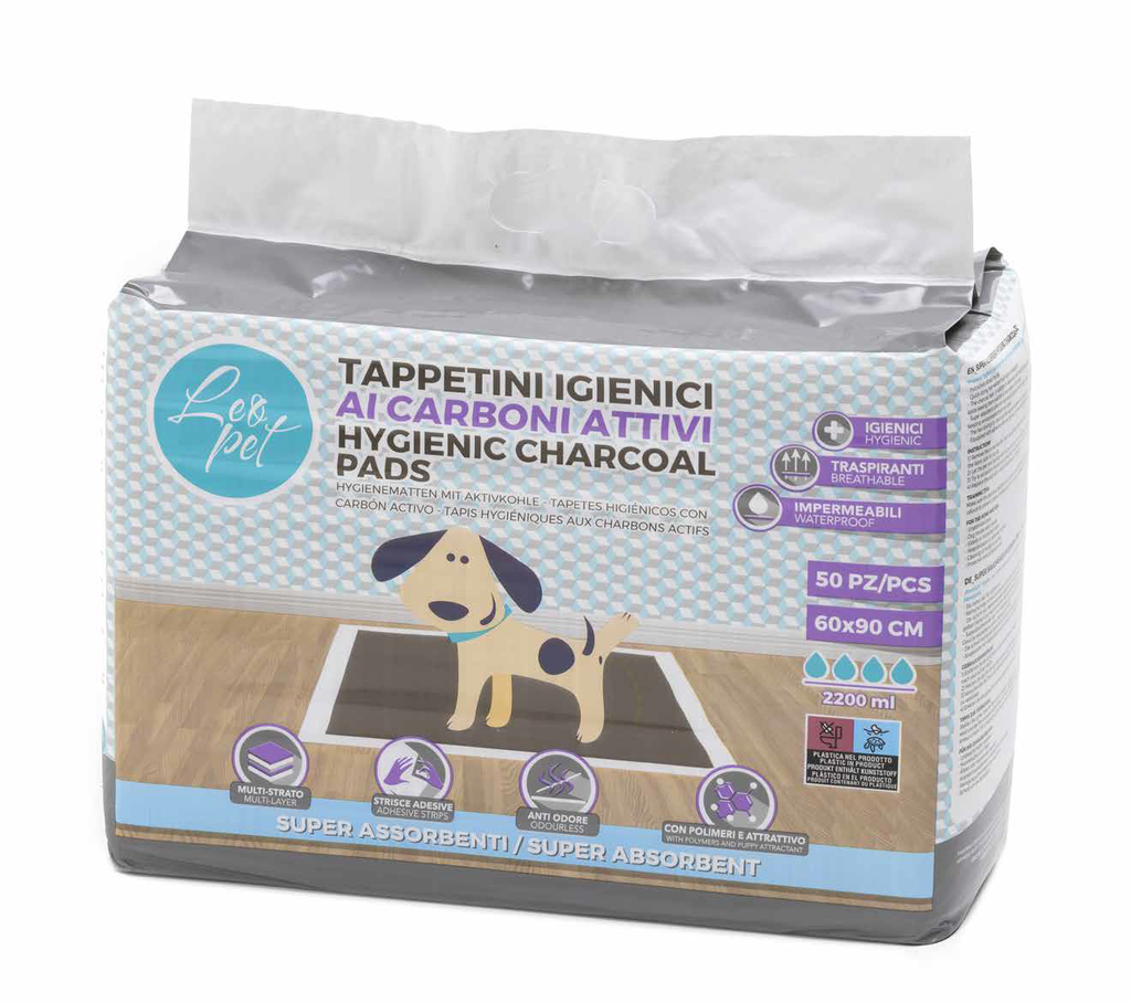 LEO PET EMPAPADORES CON CARBÓN ACTIVO Y TIRA ADHESIVA 60x90 50PZ