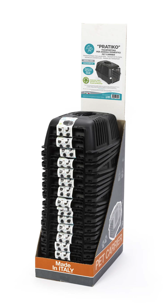 LEO PET TRANSPORTIN 100% RECICLADO "PRATIKO" CON PUERTA DE HIERRO 48x31'5x33 (EXPOSITOR 14UD)