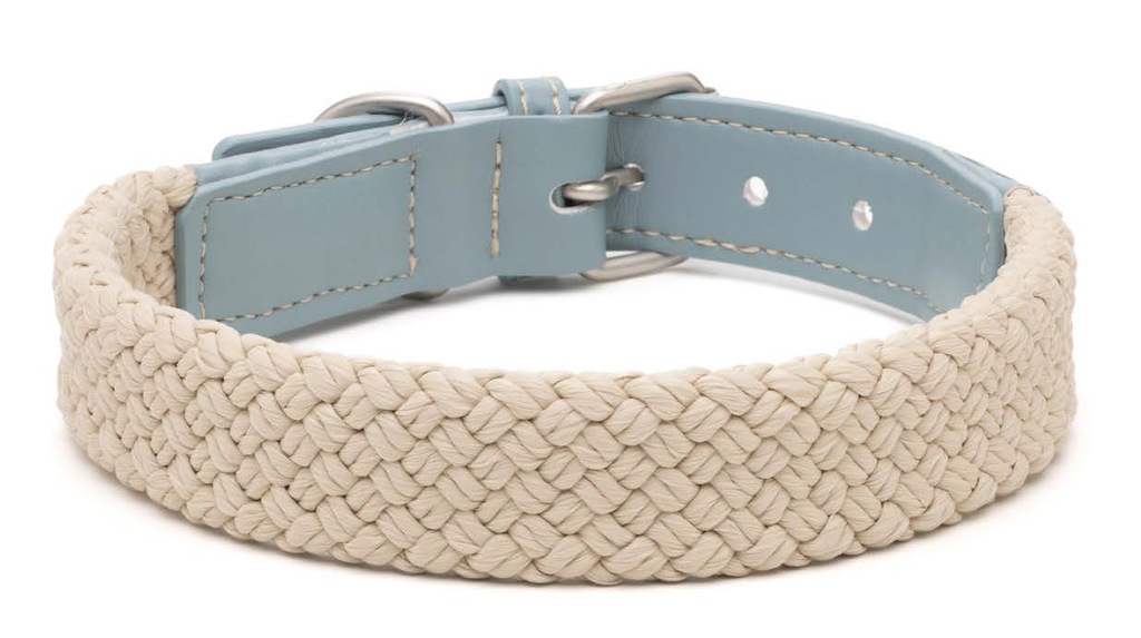 LEO PET COLLAR EN CUERDA PLANA Y CUERO AZUL CLARO 40X2.0CM