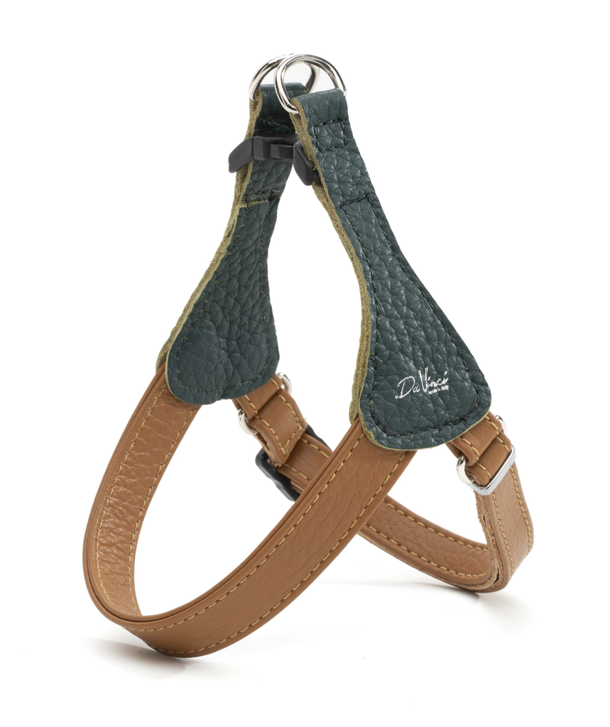 LEO PET ARNÉS DE CUERO BICOLOR VERDE BOSQUE Y MARRÓN CLARO S 