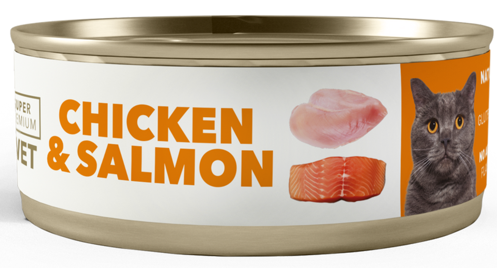 AMITY LATA LOW GRAIN CAT ADULT POLLO & SALMÓN 100GR (24 UND.)    