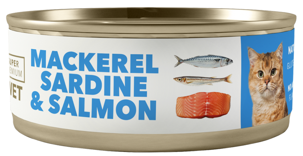 AMITY LATA LOW GRAIN CAT ADULT CABALLA, SARDINA & SALMÓN 100GR (24 UND.)    