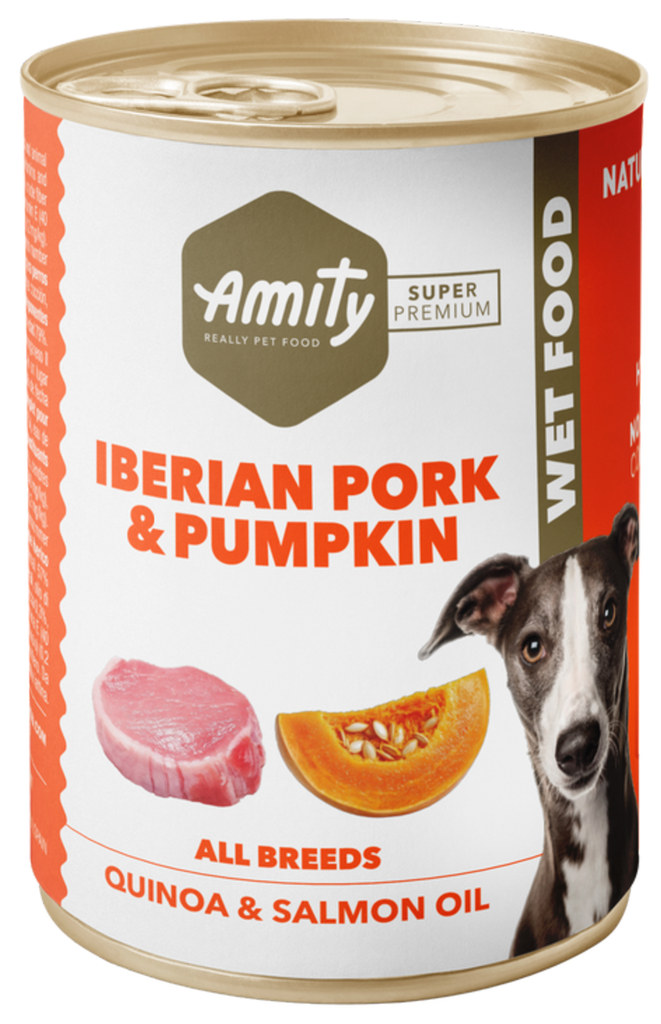 AMITY LATA LOW GRAIN DOG CERDO IBÉRICO & CALABAZA 400GR (24 UND.)P.V.P 1,60€
