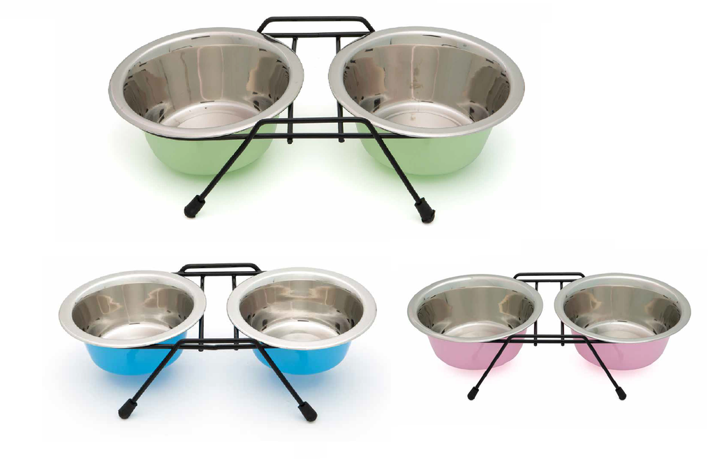 LEO PET SOPORTE CON 2 BOWLS DE ACERO INOXIDABLE DE 450ML COLORES SURTIDOS 