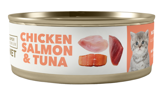 [31GA000100.0006.0276] AMITY LATA LOW GRAIN CAT KITTEN POLLO, SALMÓN & ATÚN 100GR (24 UND.)