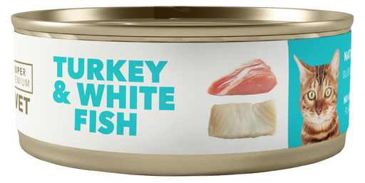 [31GA000100.0007.0276] AMITY LATA LOW GRAIN CAT SENIOR PAVO & PESCADO BLANCO 100GR (24 UND.)